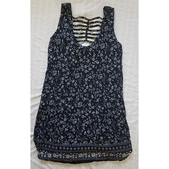 Vtg 1990s Fashion Bug Black Ditsy Floral Print Button Front Laced Shirt Dress 14 - Picture 2 of 7